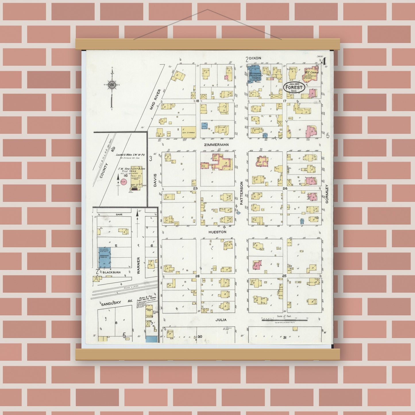 Old map wall art mockup — magnetic wood frame on brick wall — Sanborn Fire Insurance Map from Forest, Hardin County, Ohio (1921), Sheet #0004