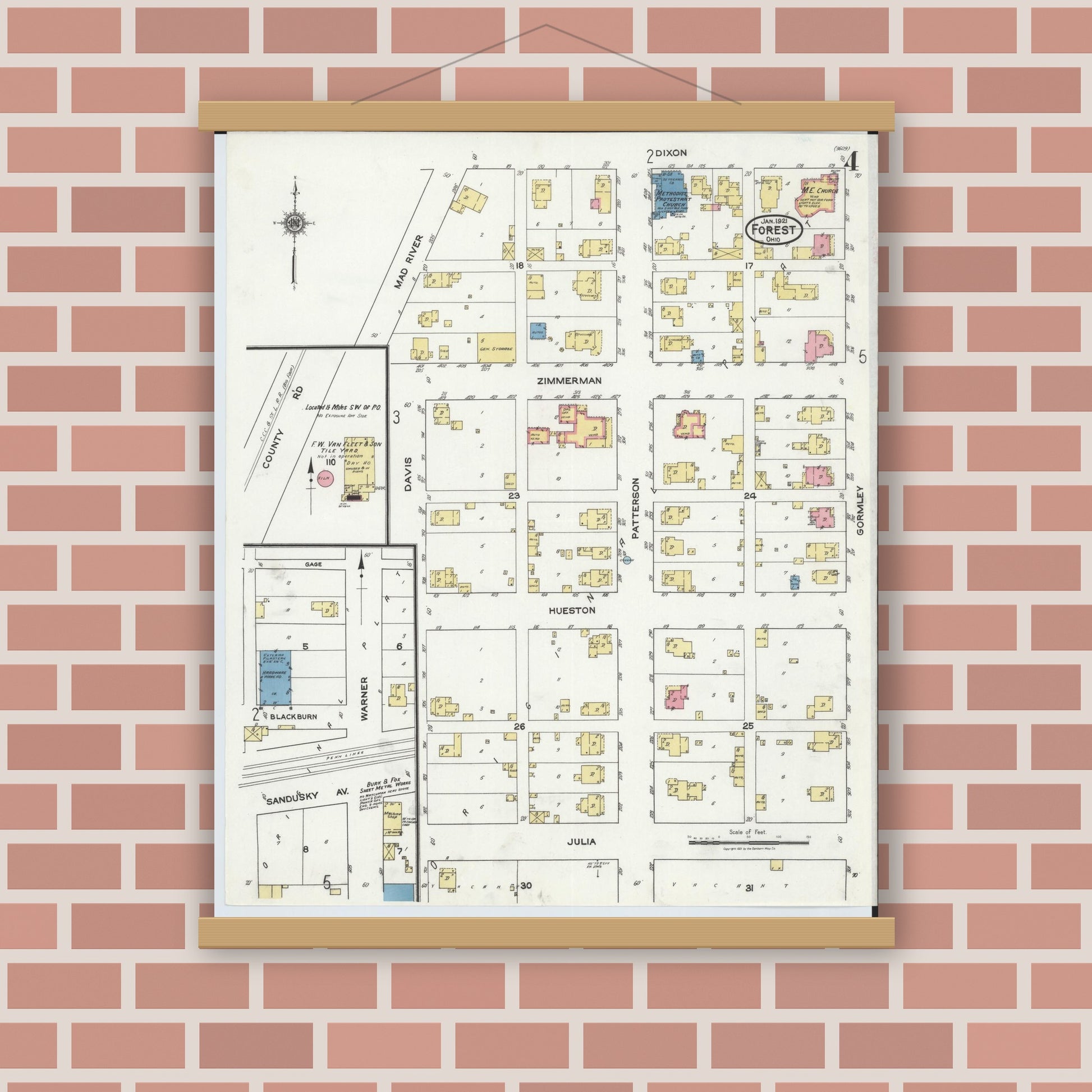 Old map wall art mockup — magnetic wood frame on brick wall — Sanborn Fire Insurance Map from Forest, Hardin County, Ohio (1921), Sheet #0004