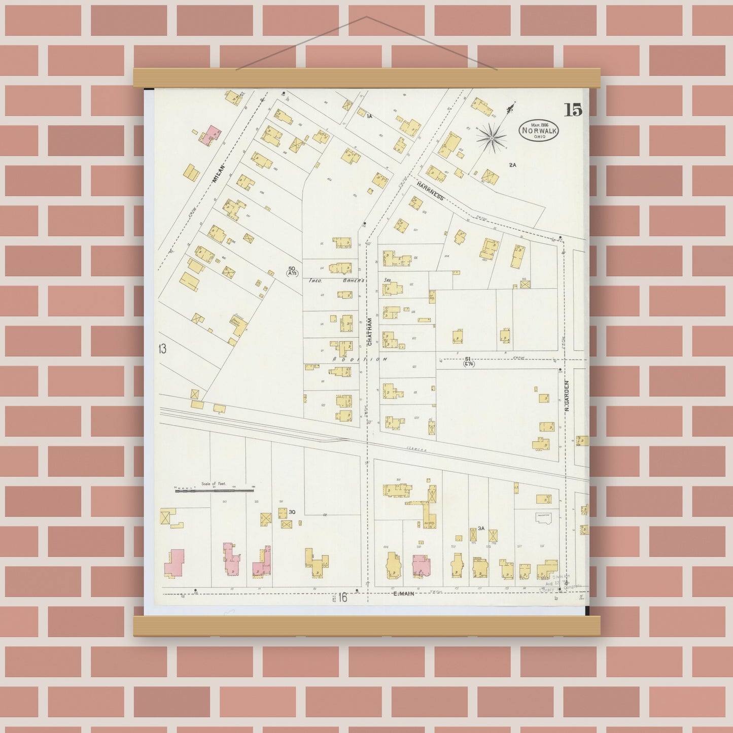 Old map wall art mockup — magnetic wood frame on brick wall — Sanborn Fire Insurance Map from Norwalk, Huron County, Ohio (1906), Sheet #0015