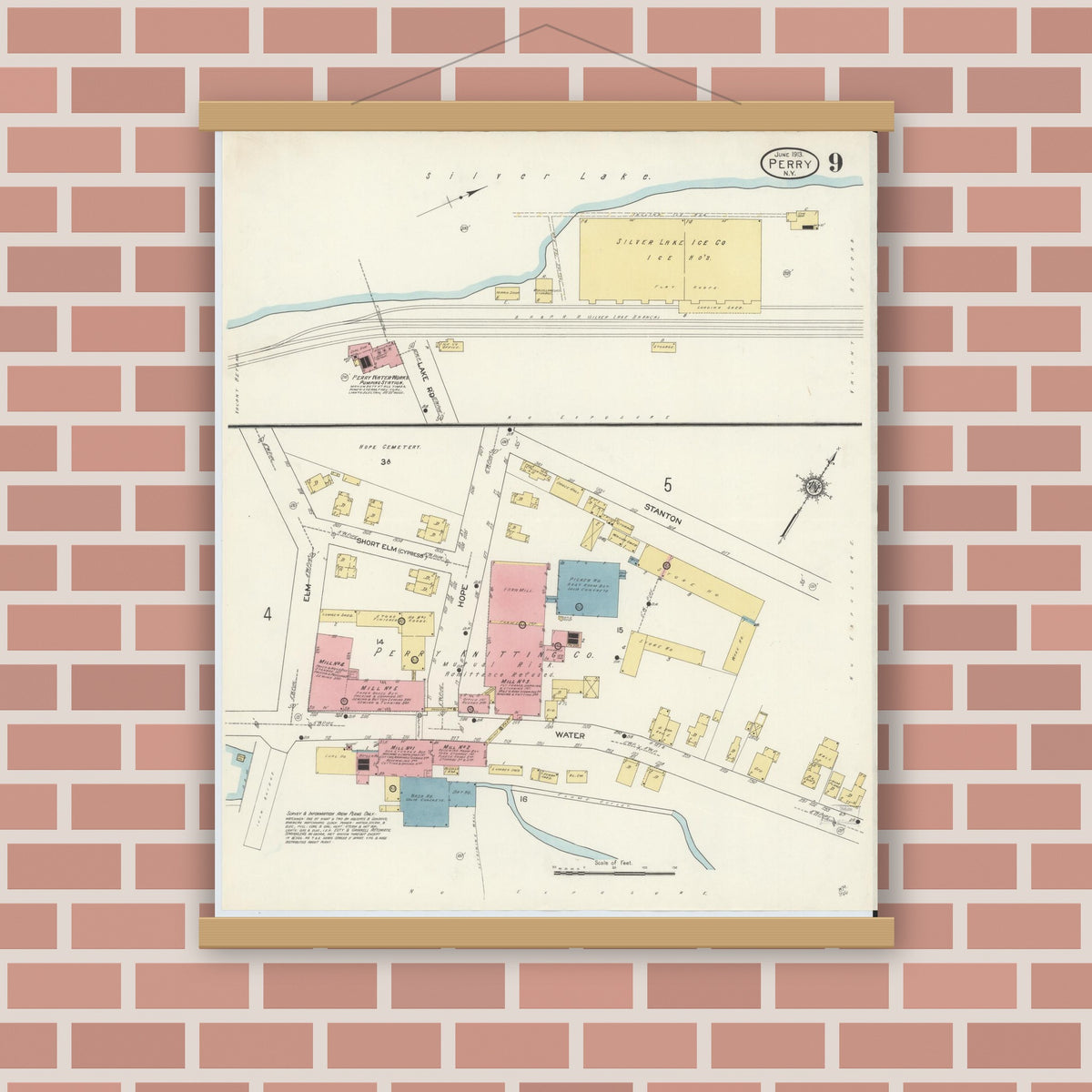 Old map wall art mockup — magnetic wood frame on brick wall — Sanborn Fire Insurance Map from Perry, Wyoming County, New York (1913), Sheet #0009