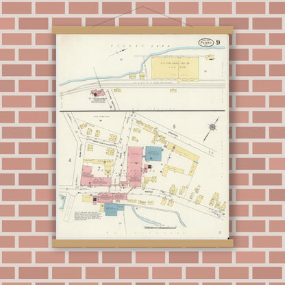 Old map wall art mockup — magnetic wood frame on brick wall — Sanborn Fire Insurance Map from Perry, Wyoming County, New York (1913), Sheet #0009