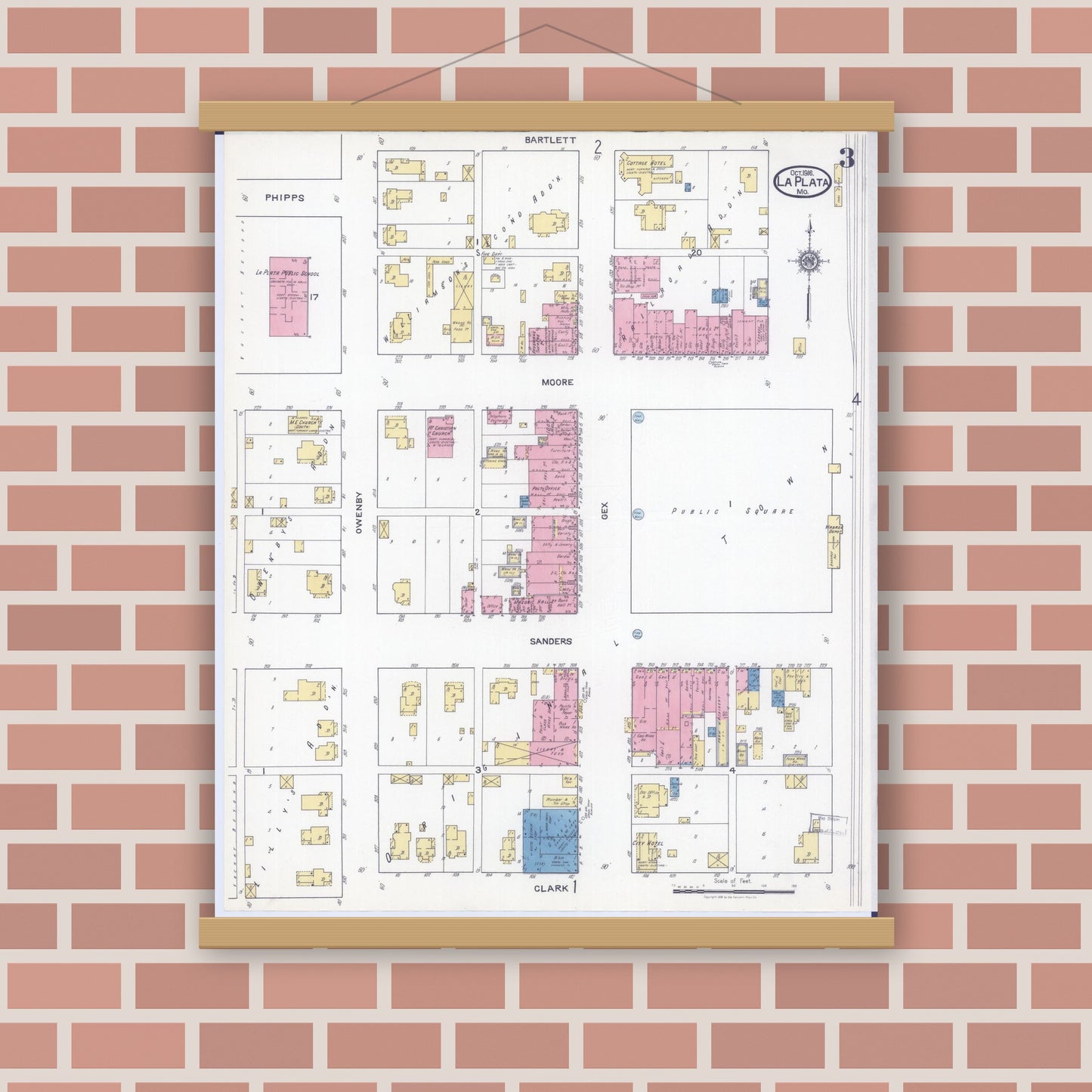 Old map wall art mockup — magnetic wood frame on brick wall — Sanborn Fire Insurance Map from La Plata, Macon County, Missouri (1916), Sheet #0003