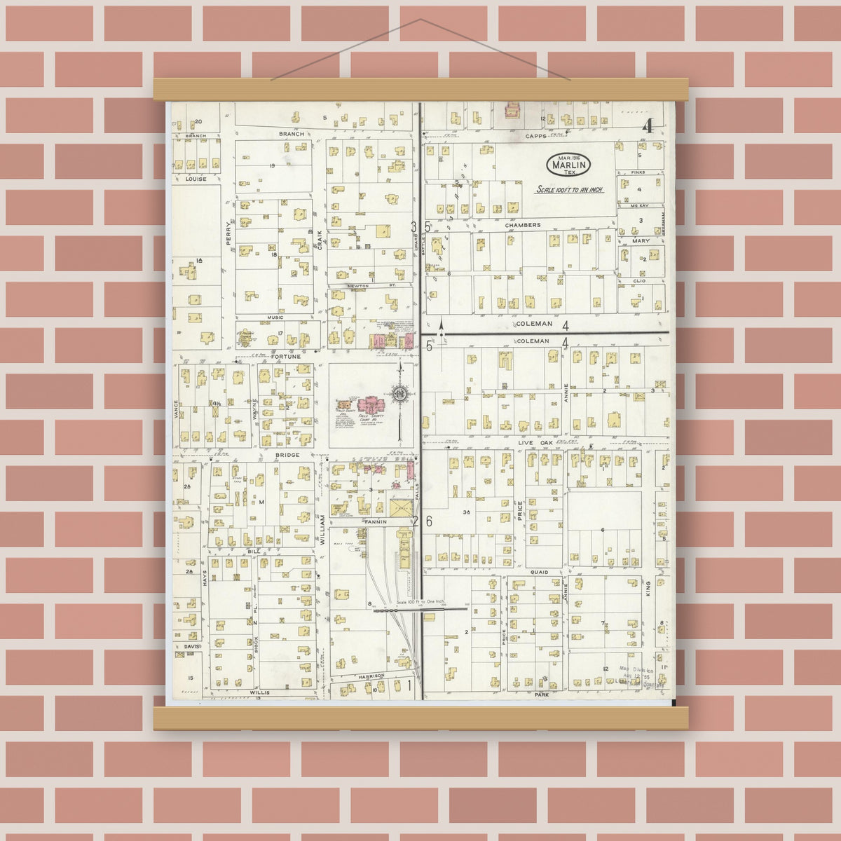Old map wall art mockup — magnetic wood frame on brick wall — Sanborn Fire Insurance Map from Marlin, Falls County, Texas (1916), Sheet #0004