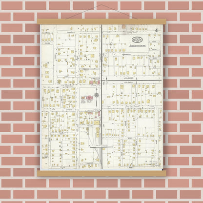 Old map wall art mockup — magnetic wood frame on brick wall — Sanborn Fire Insurance Map from Marlin, Falls County, Texas (1916), Sheet #0004