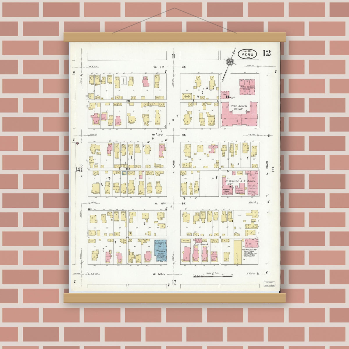 Old map wall art mockup — magnetic wood frame on brick wall — Sanborn Fire Insurance Map from Peru, Miami County, Indiana (1912), Sheet #0012
