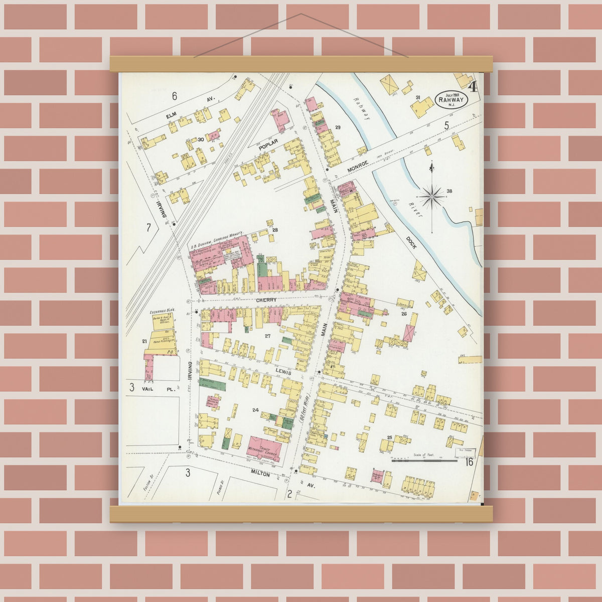 Old map wall art mockup — magnetic wood frame on brick wall — Sanborn Fire Insurance Map from Rahway, Union County, New Jersey (1901), Sheet #0004