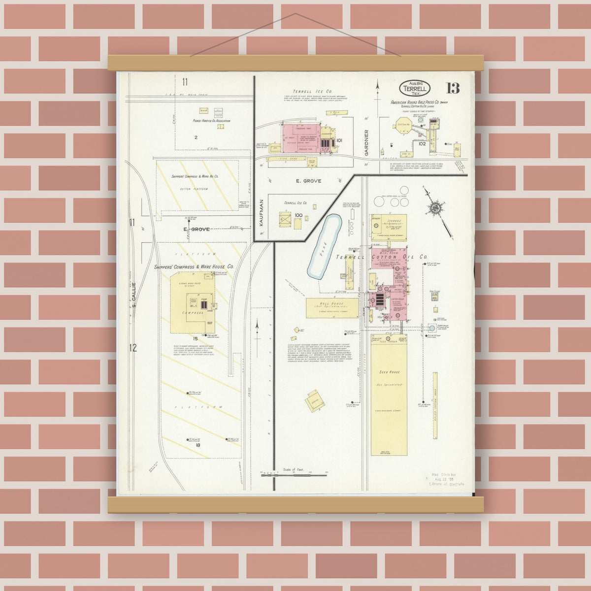 Old map wall art mockup — magnetic wood frame on brick wall — Sanborn Fire Insurance Map from Terrell, Kaufman County, Texas (1914), Sheet #0013