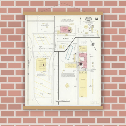 Old map wall art mockup — magnetic wood frame on brick wall — Sanborn Fire Insurance Map from Terrell, Kaufman County, Texas (1914), Sheet #0013