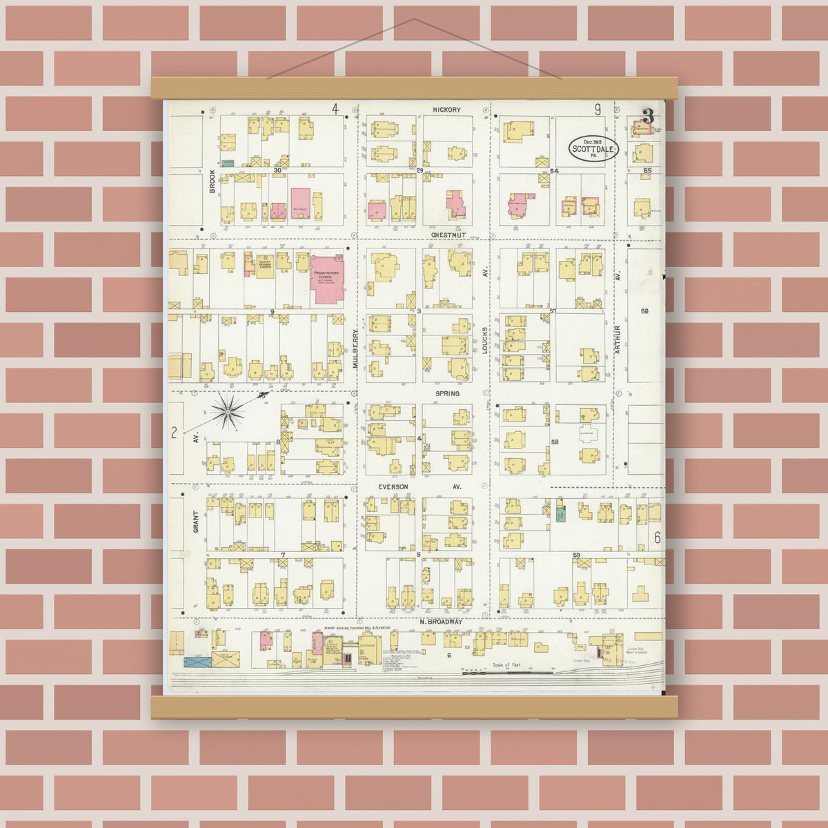 Old map wall art mockup — magnetic wood frame on brick wall — Sanborn Fire Insurance Map from Scottdale, Westmoreland County, Pennsylvania (1903), Sheet #0003