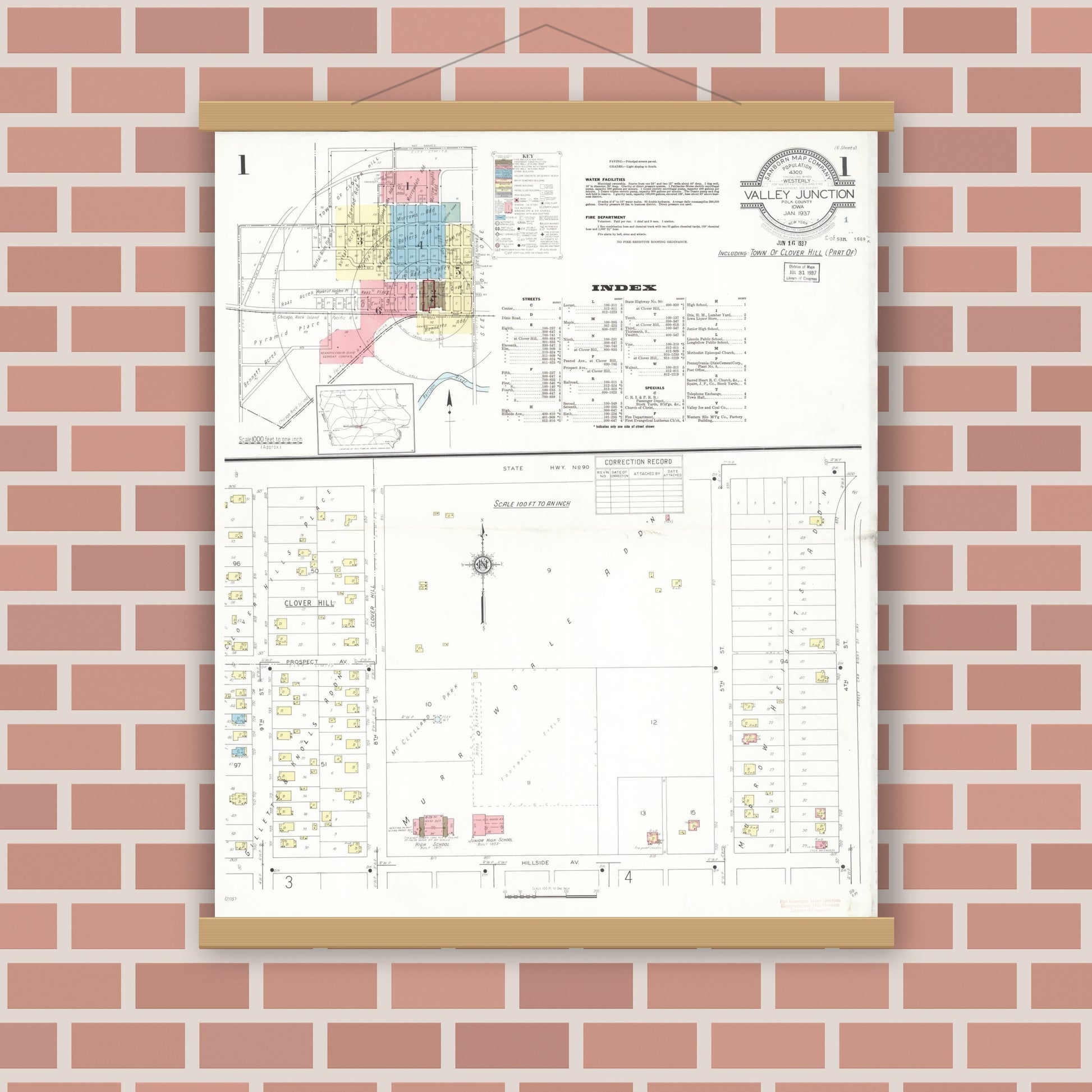 Old map wall art mockup — magnetic wood frame on brick wall — Sanborn Fire Insurance Map from Valley Junction, Polk County, Iowa (1937), Sheet #0001