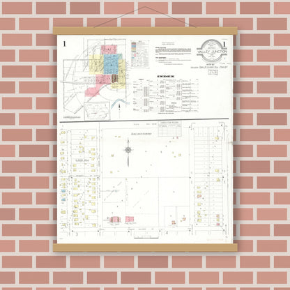 Old map wall art mockup — magnetic wood frame on brick wall — Sanborn Fire Insurance Map from Valley Junction, Polk County, Iowa (1937), Sheet #0001