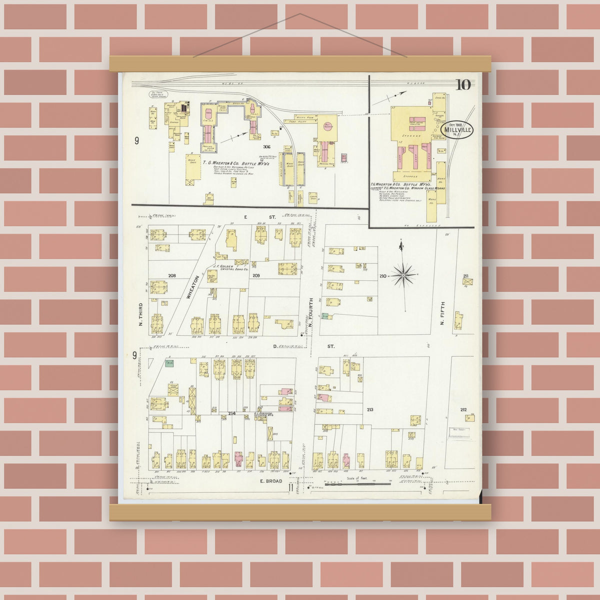 Old map wall art mockup — magnetic wood frame on brick wall — Sanborn Fire Insurance Map from Millville, Cumberland County, New Jersey (1908), Sheet #0010