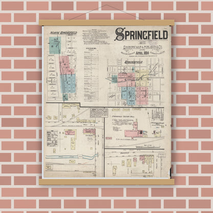 Old map wall art mockup — magnetic wood frame on brick wall — Sanborn Fire Insurance Map from Springfield, Greene County, Missouri (1884) - Complete Map Set