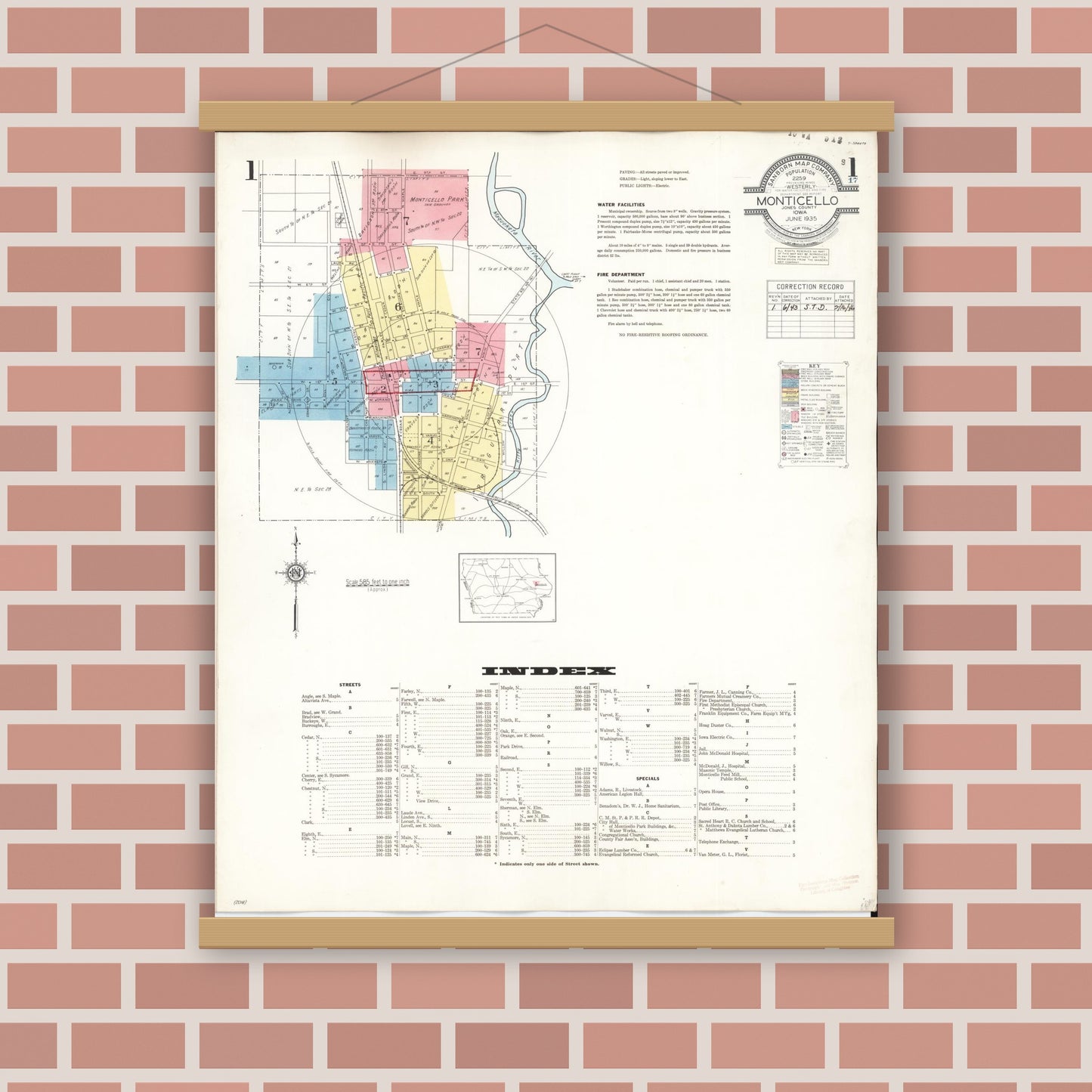 Old map wall art mockup — magnetic wood frame on brick wall — Sanborn Fire Insurance Map from Monticello, Jones County, Iowa (1943) â€” Complete Set