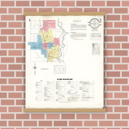 Old map wall art mockup — magnetic wood frame on brick wall — Sanborn Fire Insurance Map from Monticello, Jones County, Iowa (1943) â€” Complete Set