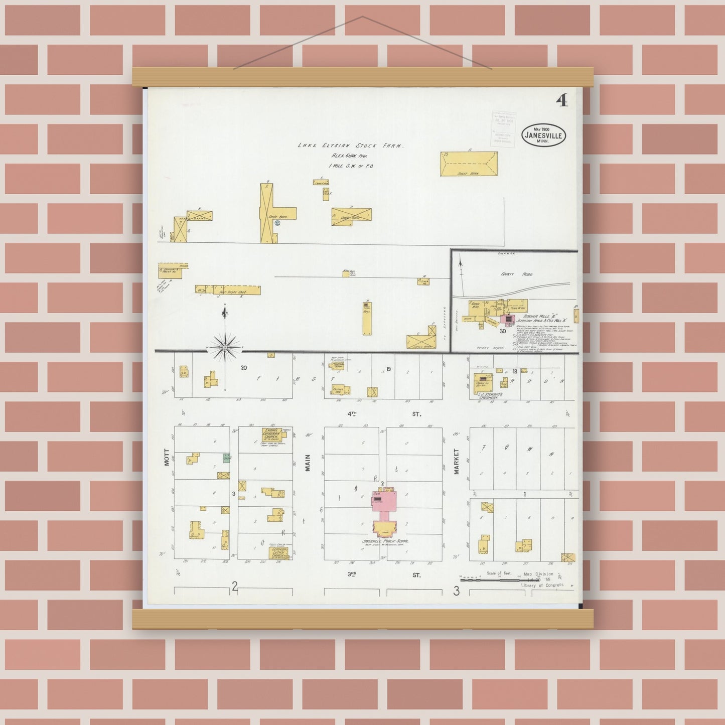 Old map wall art mockup — magnetic wood frame on brick wall — Sanborn Fire Insurance Map from Janesville, Waseca County, Minnesota (1900), Sheet #0004