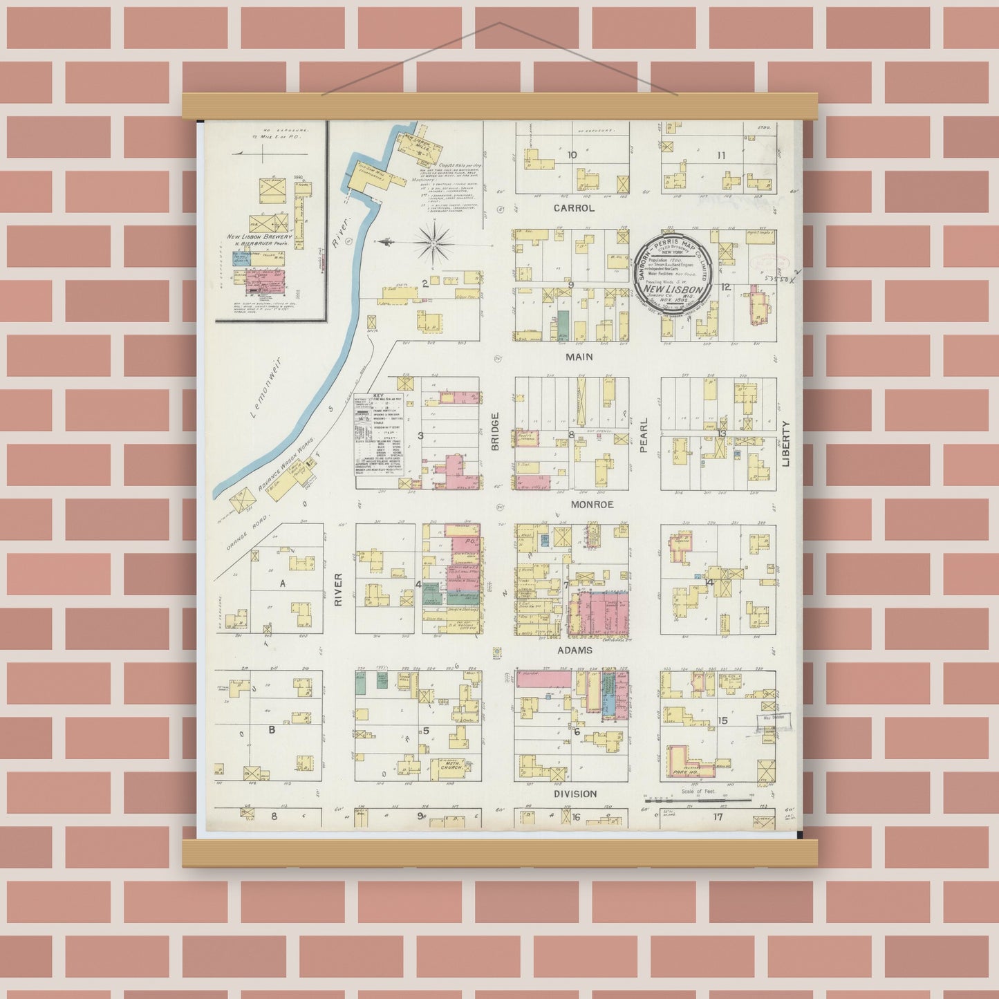 Old map wall art mockup — magnetic wood frame on brick wall — Sanborn Fire Insurance Map from New Lisbon, Juneau County, Wisconsin (1892), Sheet #0001