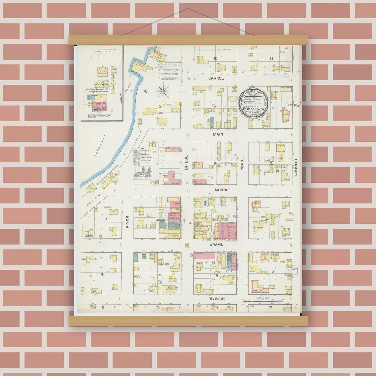Old map wall art mockup — magnetic wood frame on brick wall — Sanborn Fire Insurance Map from New Lisbon, Juneau County, Wisconsin (1892), Sheet #0001