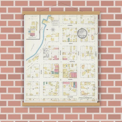 Old map wall art mockup — magnetic wood frame on brick wall — Sanborn Fire Insurance Map from New Lisbon, Juneau County, Wisconsin (1892), Sheet #0001