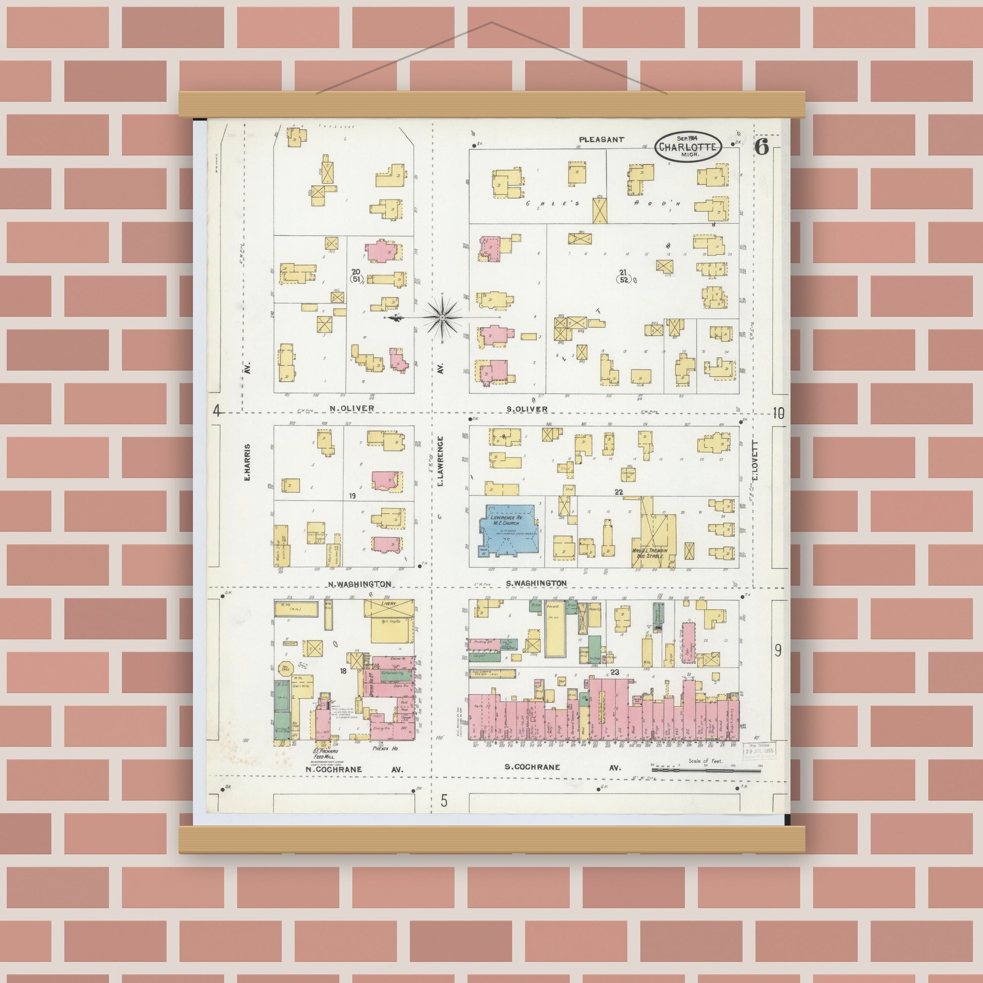 Old map wall art mockup — magnetic wood frame on brick wall — Sanborn Fire Insurance Map from Charlotte, Eaton County, Michigan (1904), Sheet #0006