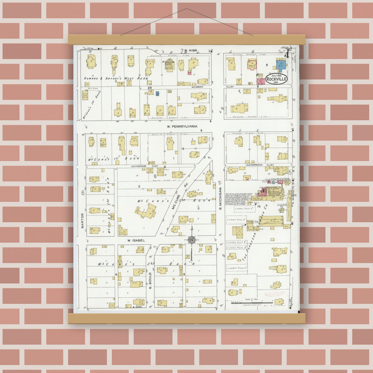 Old map wall art mockup — magnetic wood frame on brick wall — Sanborn Fire Insurance Map from Rockville, Parke County, Indiana (1921), Sheet #0004
