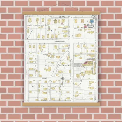 Old map wall art mockup — magnetic wood frame on brick wall — Sanborn Fire Insurance Map from Rockville, Parke County, Indiana (1921), Sheet #0004