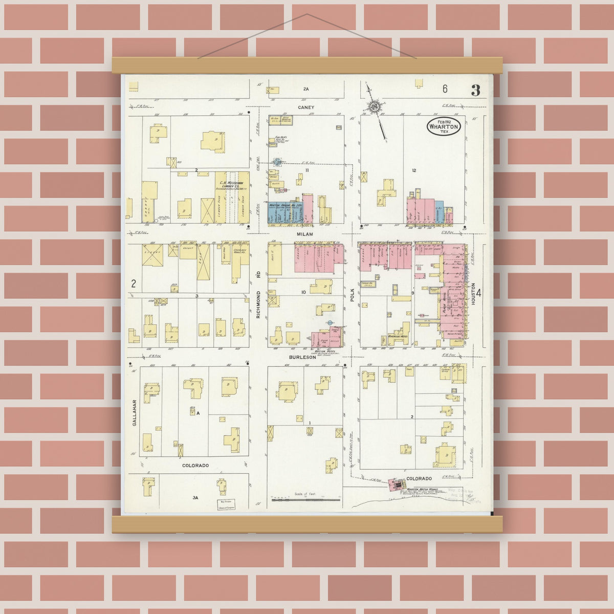 Old map wall art mockup — magnetic wood frame on brick wall — Sanborn Fire Insurance Map from Wharton, Wharton County, Texas (1912), Sheet #0004