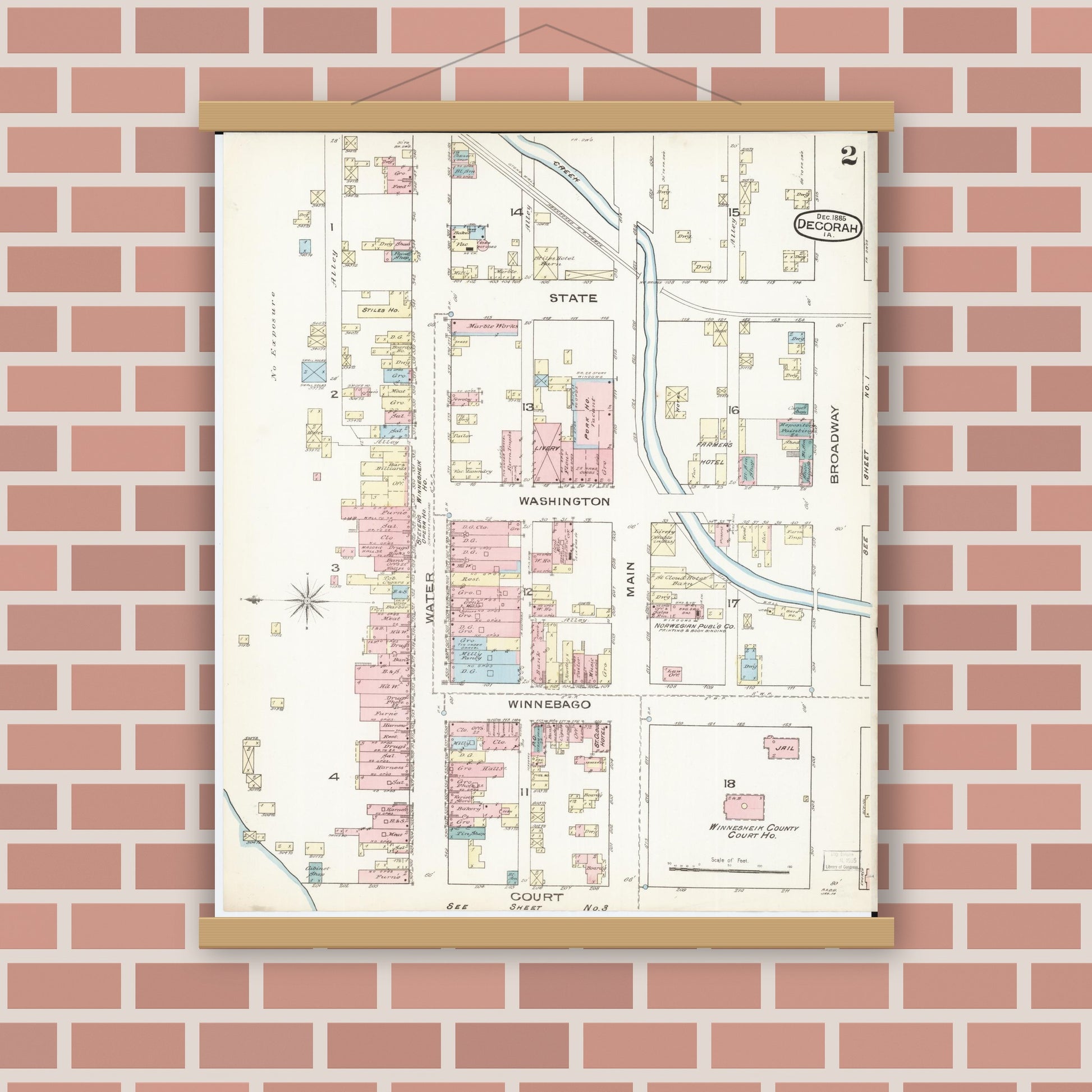 Old map wall art mockup — magnetic wood frame on brick wall — Sanborn Fire Insurance Map from Decorah, Winneshiek County, Iowa (1885), Sheet #0002