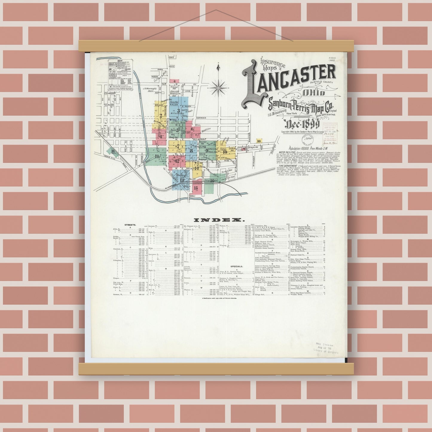 Old map wall art mockup — magnetic wood frame on brick wall — Sanborn Fire Insurance Map from Lancaster, Fairfield County, Ohio (1899), Sheet #0001