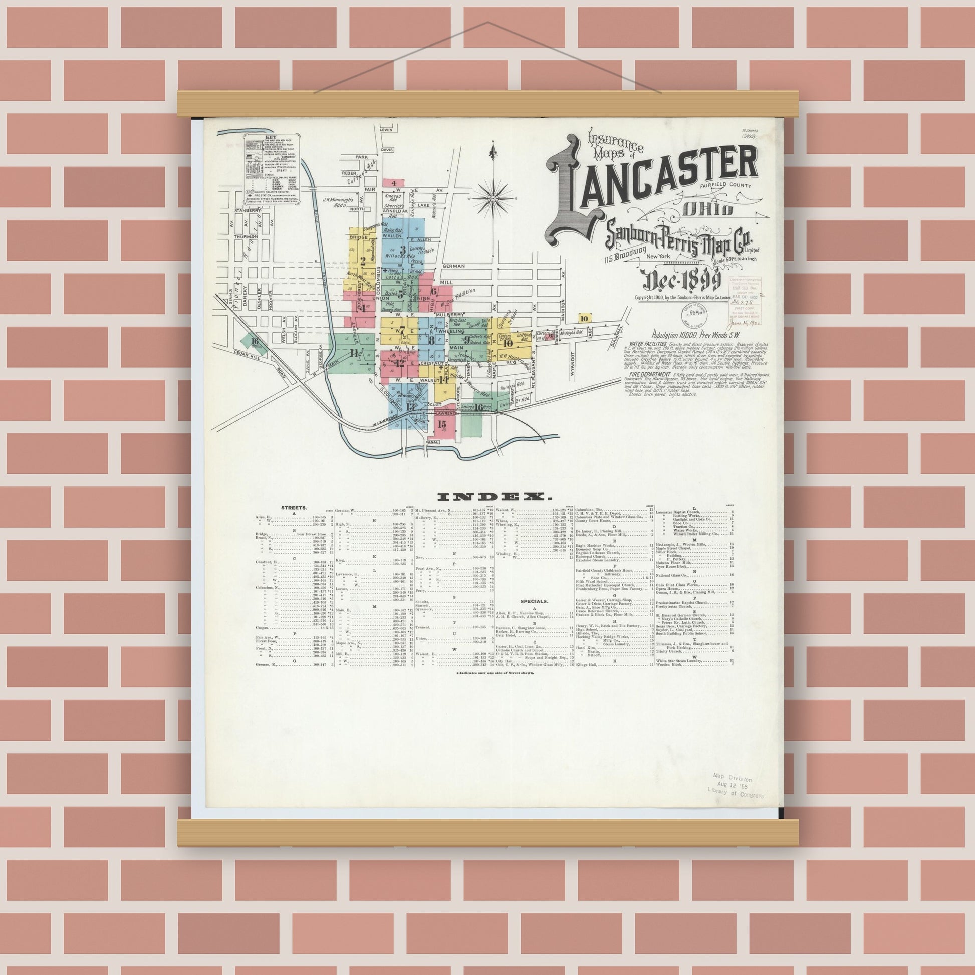 Old map wall art mockup — magnetic wood frame on brick wall — Sanborn Fire Insurance Map from Lancaster, Fairfield County, Ohio (1899), Sheet #0001