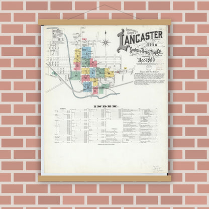 Old map wall art mockup — magnetic wood frame on brick wall — Sanborn Fire Insurance Map from Lancaster, Fairfield County, Ohio (1899), Sheet #0001