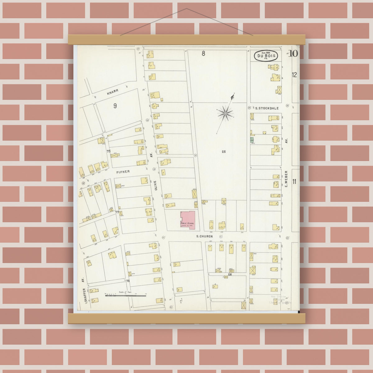 Old map wall art mockup — magnetic wood frame on brick wall — Sanborn Fire Insurance Map from Du Bois, Clearfield County, Pennsylvania (1896), Sheet #0010