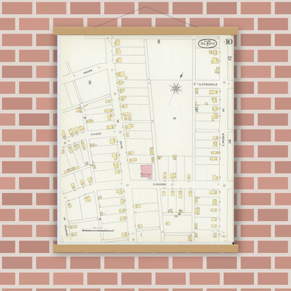 Old map wall art mockup — magnetic wood frame on brick wall — Sanborn Fire Insurance Map from Du Bois, Clearfield County, Pennsylvania (1896), Sheet #0010