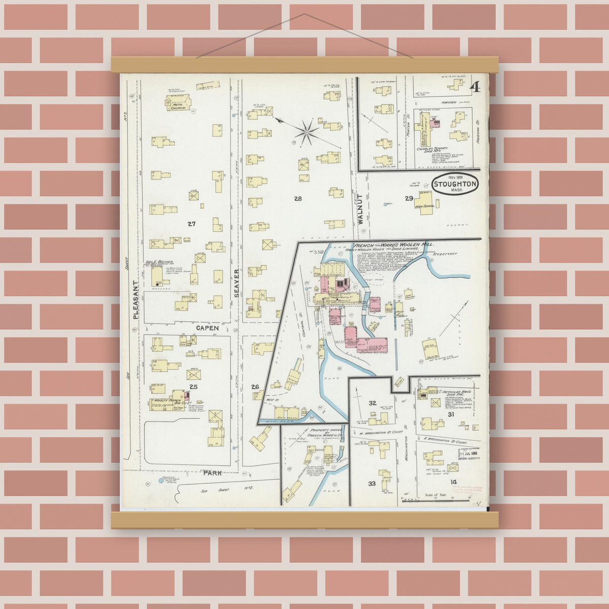 Old map wall art mockup — magnetic wood frame on brick wall — Sanborn Fire Insurance Map from Stoughton, Norfolk County, Massachusetts (1891), Sheet #0004