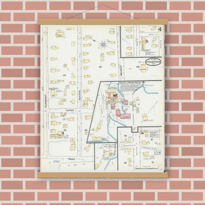 Old map wall art mockup — magnetic wood frame on brick wall — Sanborn Fire Insurance Map from Stoughton, Norfolk County, Massachusetts (1891), Sheet #0004