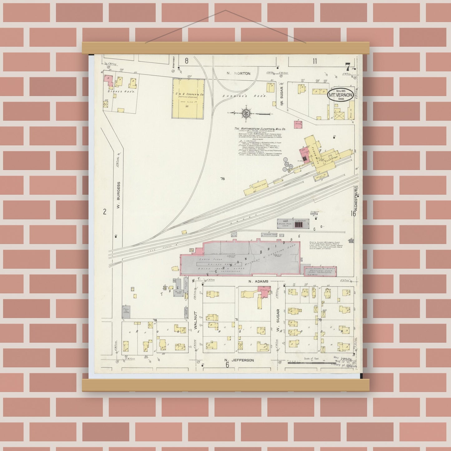 Old map wall art mockup — magnetic wood frame on brick wall — Sanborn Fire Insurance Map from Mount Vernon, Knox County, Ohio (1913), Sheet #0007