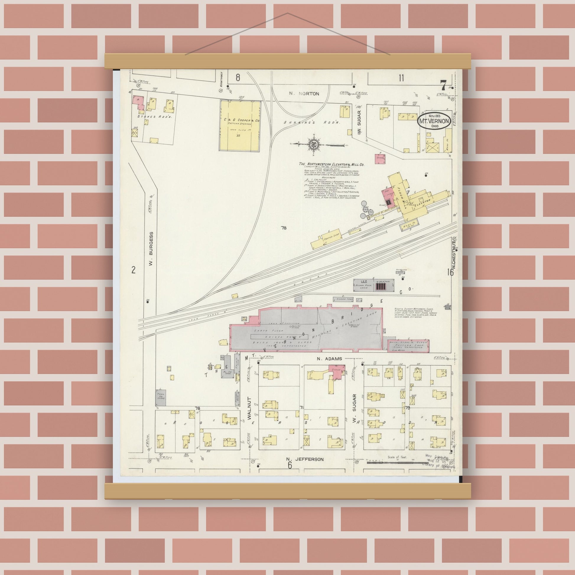 Old map wall art mockup — magnetic wood frame on brick wall — Sanborn Fire Insurance Map from Mount Vernon, Knox County, Ohio (1913), Sheet #0007