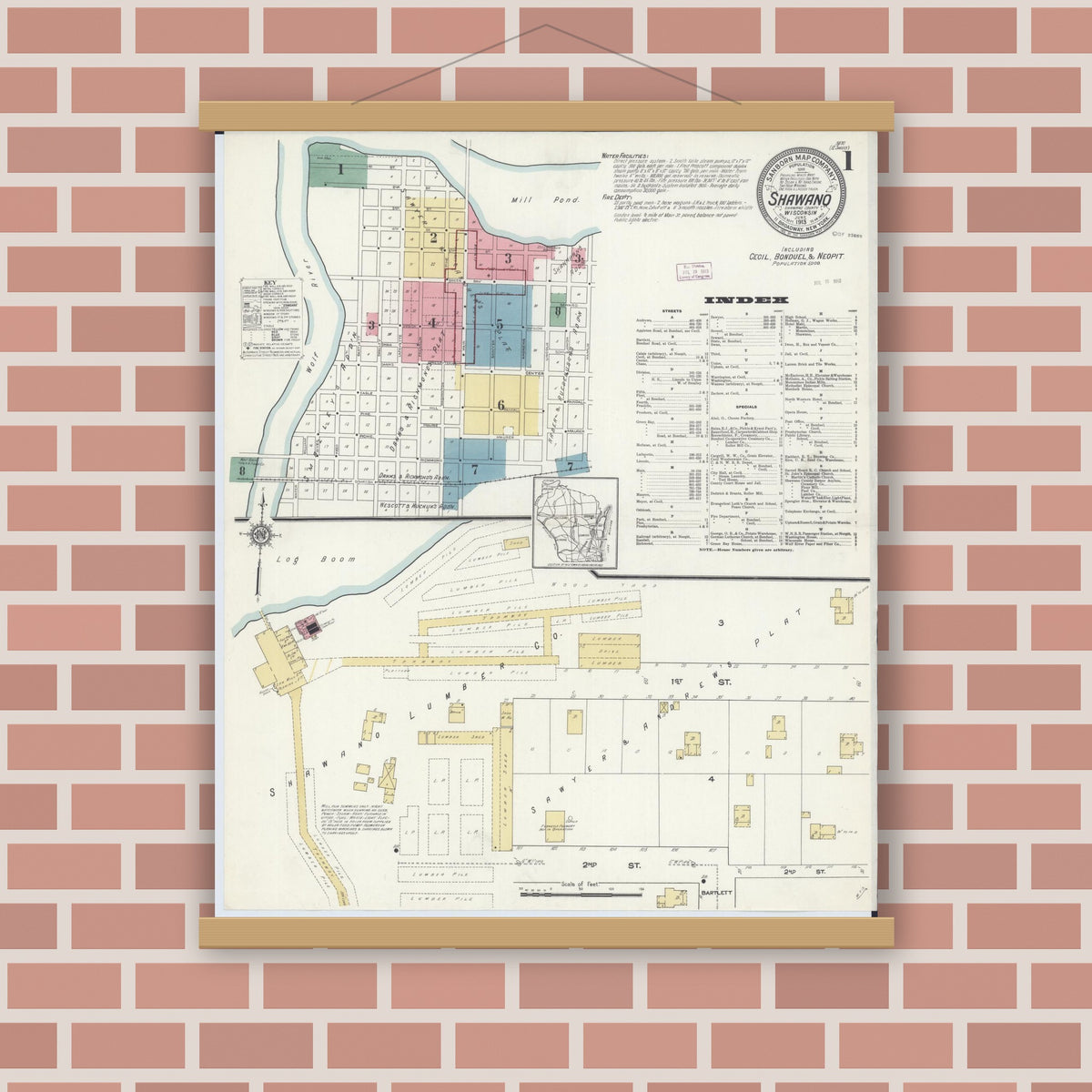 Old map wall art mockup — magnetic wood frame on brick wall — Sanborn Fire Insurance Map from Shawano, Shawano County, Wisconsin (1913) - Complete Map Set