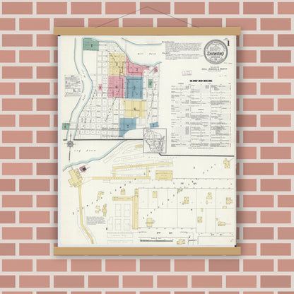 Old map wall art mockup — magnetic wood frame on brick wall — Sanborn Fire Insurance Map from Shawano, Shawano County, Wisconsin (1913) - Complete Map Set