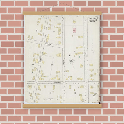 Old map wall art mockup — magnetic wood frame on brick wall — Sanborn Fire Insurance Map from Orange, Franklin County, Massachusetts (1889), Sheet #0008