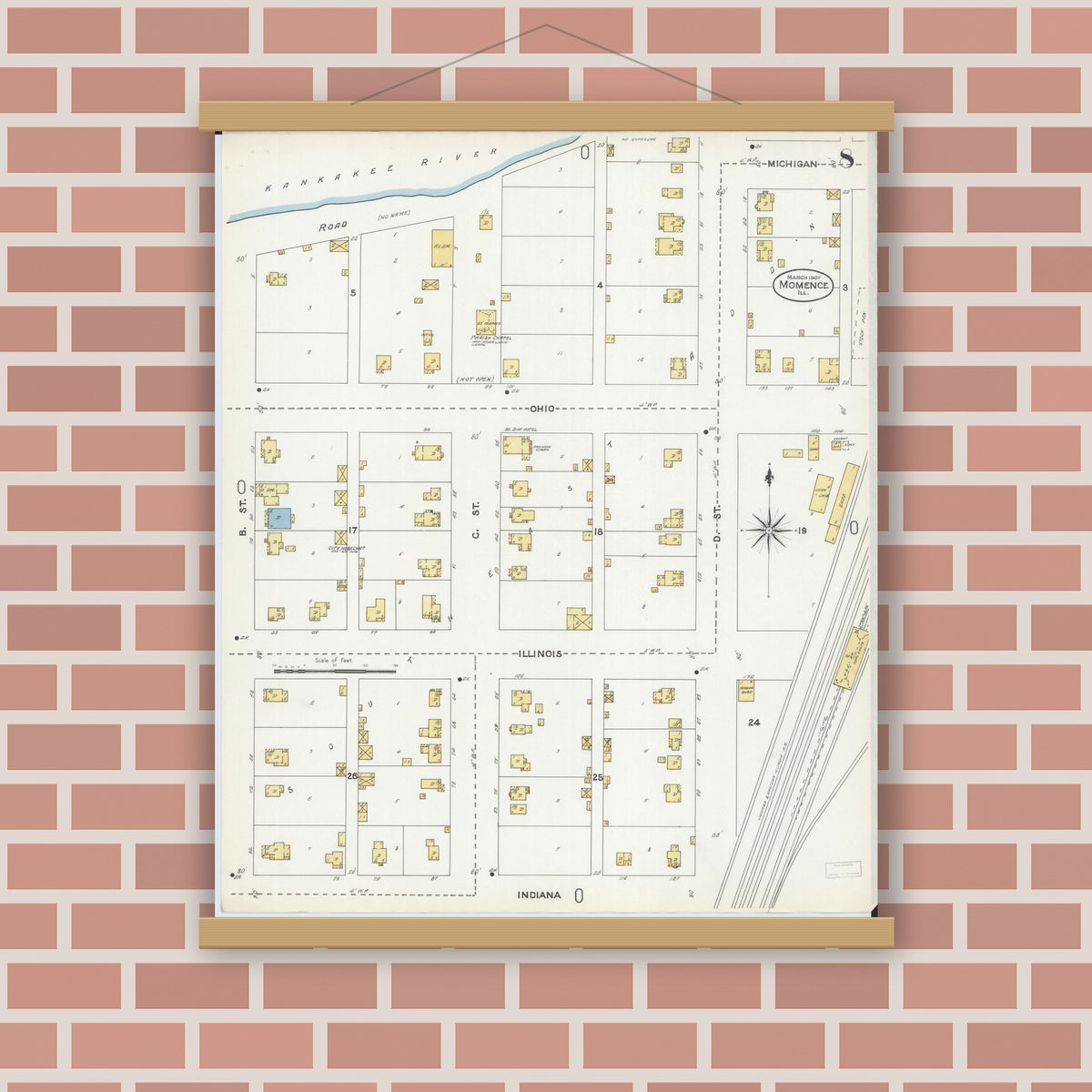 Old map wall art mockup — magnetic wood frame on brick wall — Sanborn Fire Insurance Map from Momence, Kankakee County, Illinois (1907), Sheet #0008