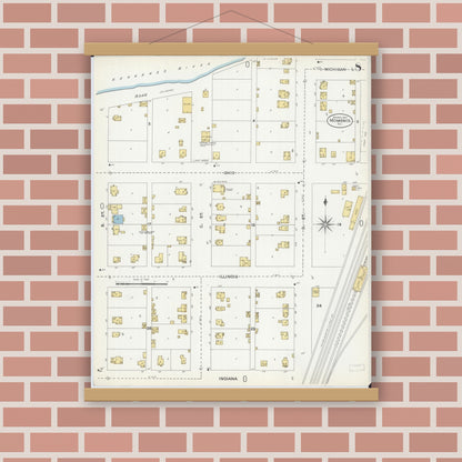 Old map wall art mockup — magnetic wood frame on brick wall — Sanborn Fire Insurance Map from Momence, Kankakee County, Illinois (1907), Sheet #0008