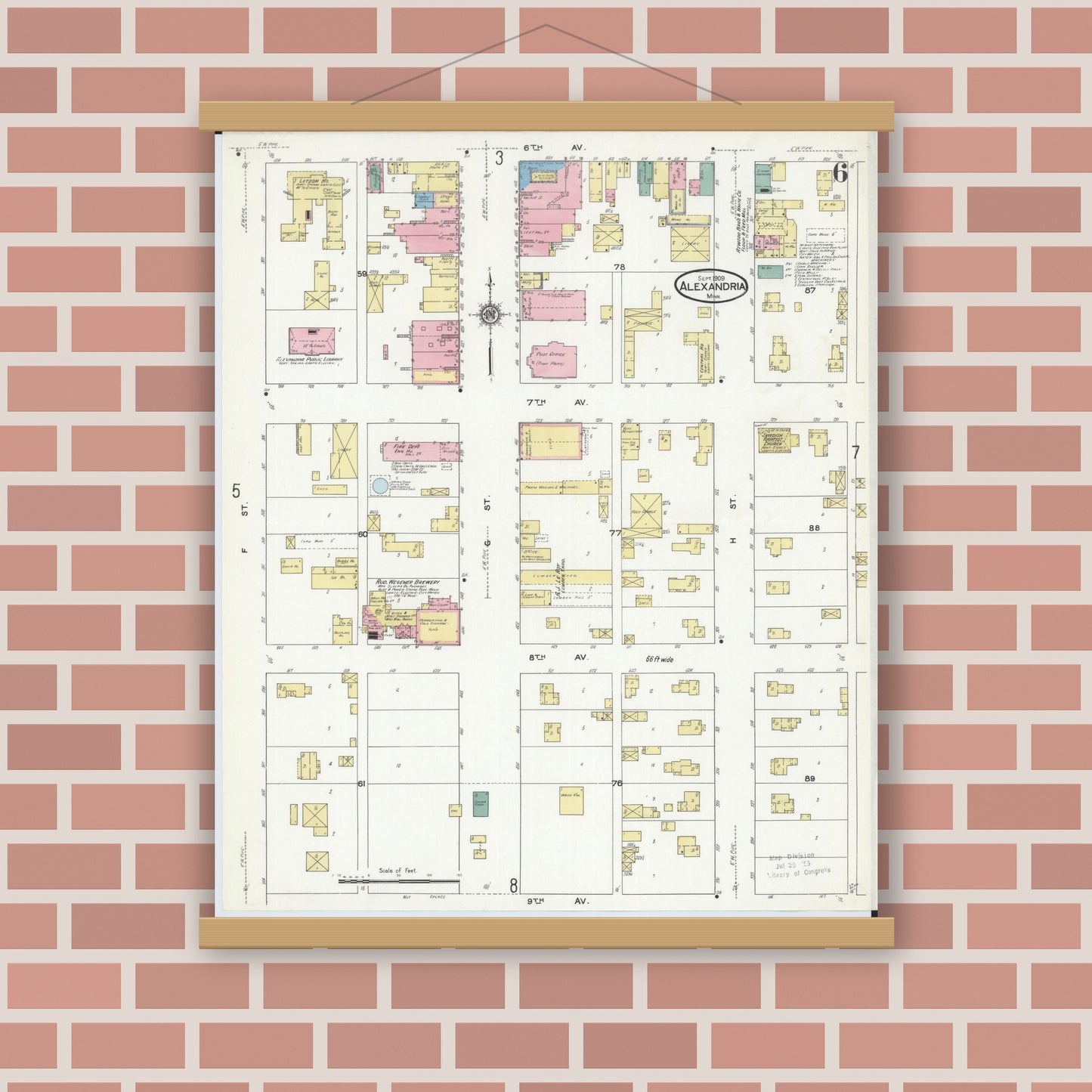 Old map wall art mockup — magnetic wood frame on brick wall — Sanborn Fire Insurance Map from Alexandria, Douglas County, Minnesota (1909), Sheet #0006