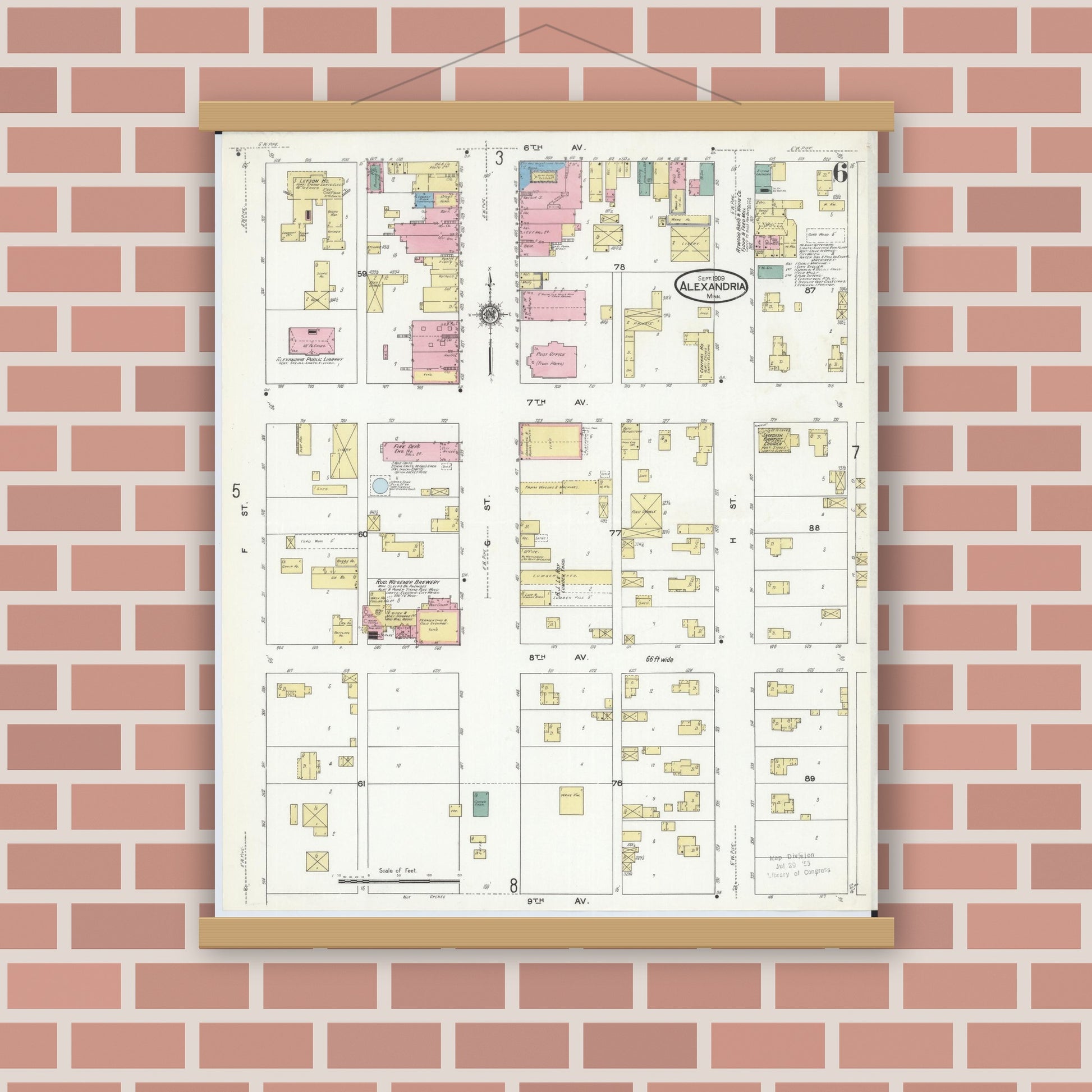 Old map wall art mockup — magnetic wood frame on brick wall — Sanborn Fire Insurance Map from Alexandria, Douglas County, Minnesota (1909), Sheet #0006