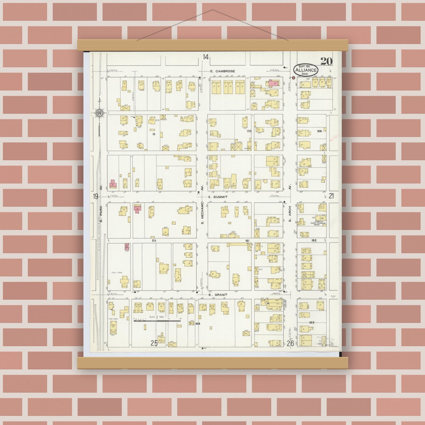 Old map wall art mockup — magnetic wood frame on brick wall — Sanborn Fire Insurance Map from Alliance, Stark County, Ohio (1911), Sheet #0020