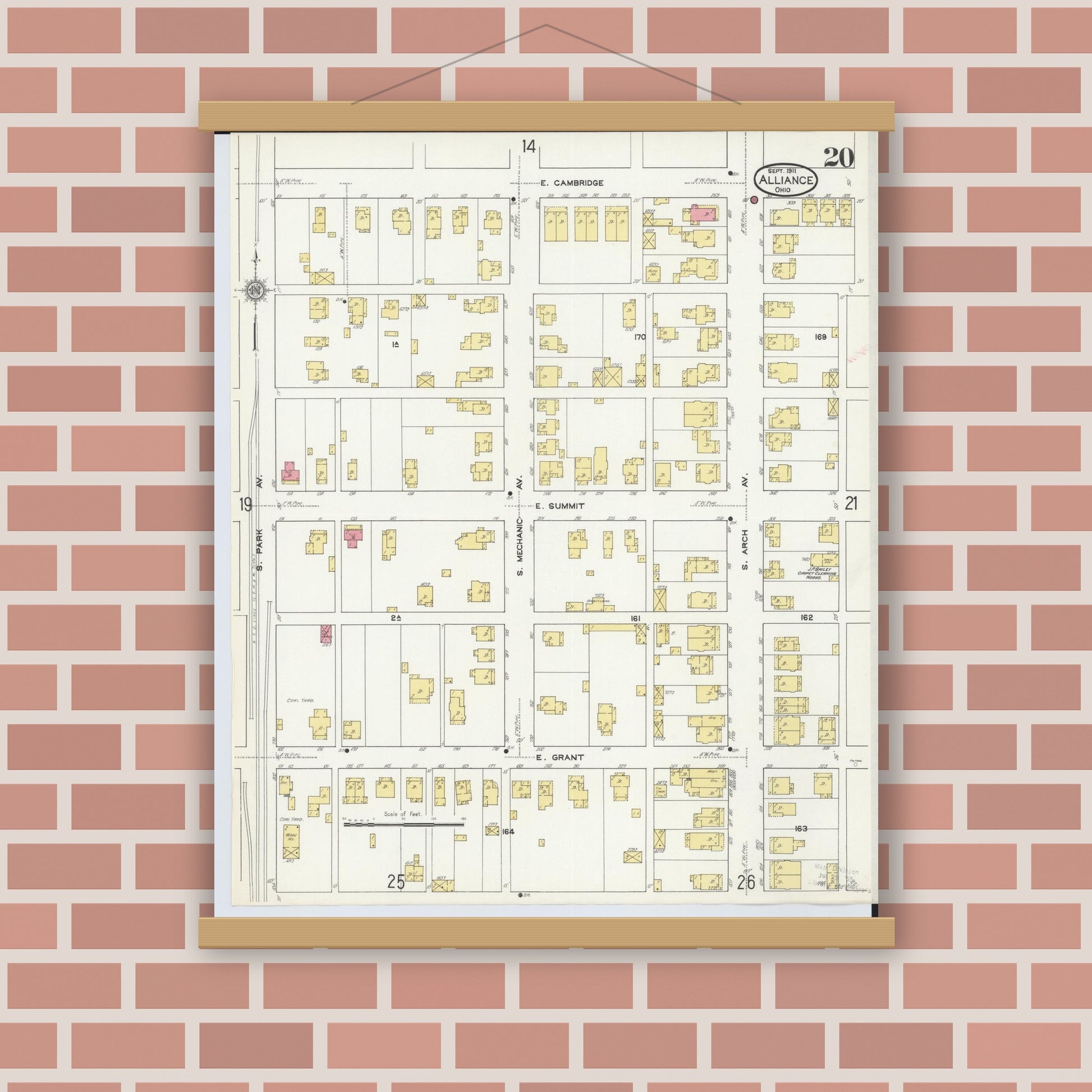 Old map wall art mockup — magnetic wood frame on brick wall — Sanborn Fire Insurance Map from Alliance, Stark County, Ohio (1911), Sheet #0020
