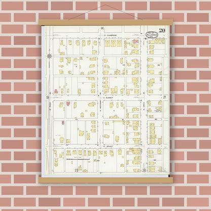 Old map wall art mockup — magnetic wood frame on brick wall — Sanborn Fire Insurance Map from Alliance, Stark County, Ohio (1911), Sheet #0020