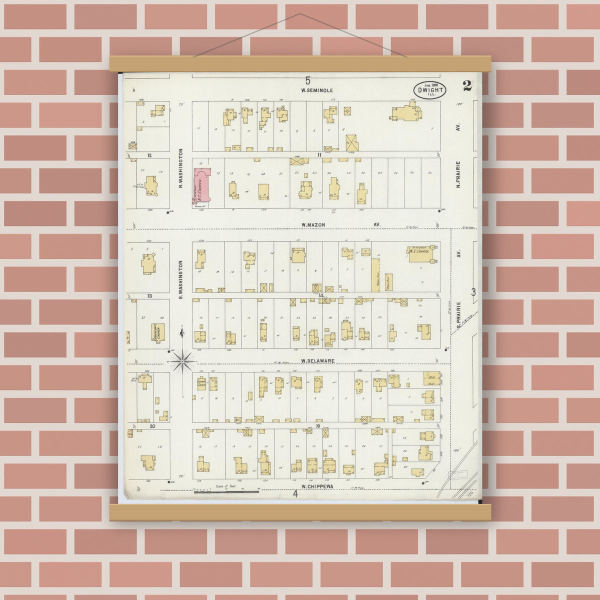 Old map wall art mockup — magnetic wood frame on brick wall — Sanborn Fire Insurance Map from Dwight, Livingston County, Illinois (1898), Sheet #0002