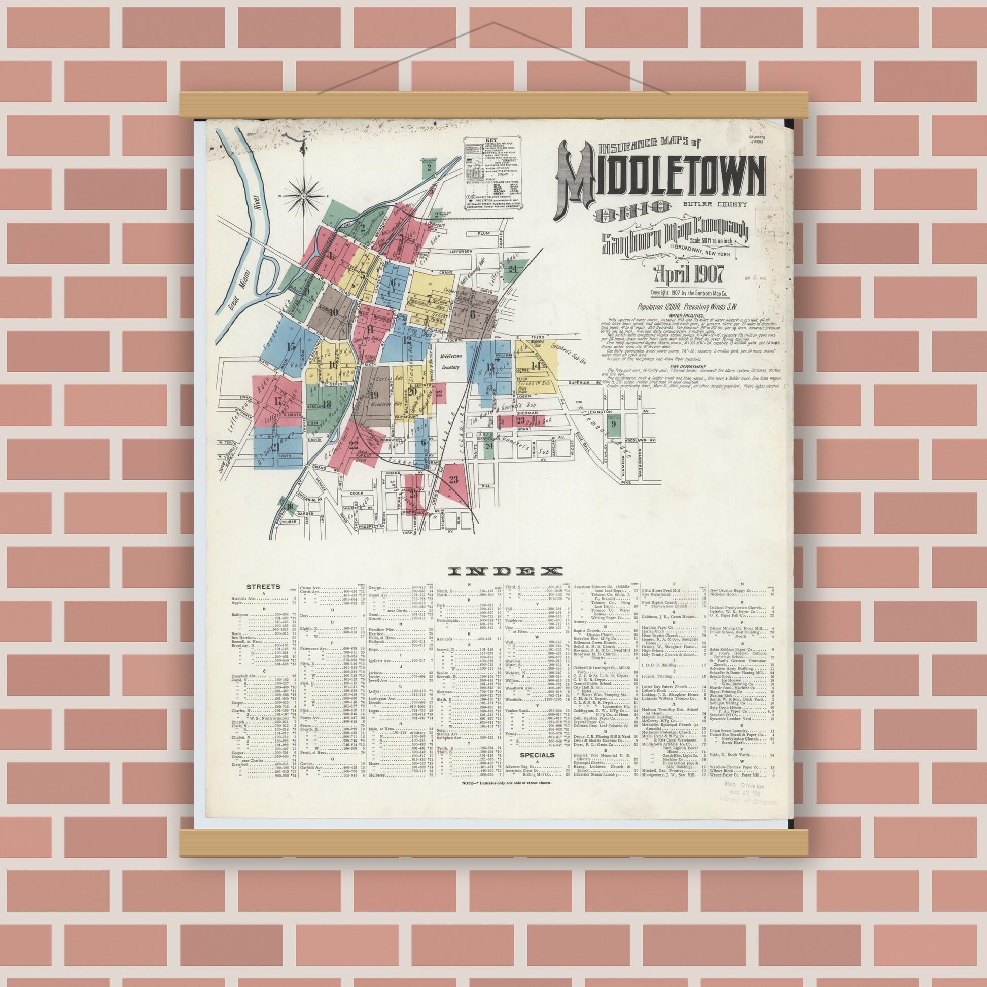 Old map wall art mockup — magnetic wood frame on brick wall — Sanborn Fire Insurance Map from Middletown, Butler County, Ohio (1907), Sheet #0001