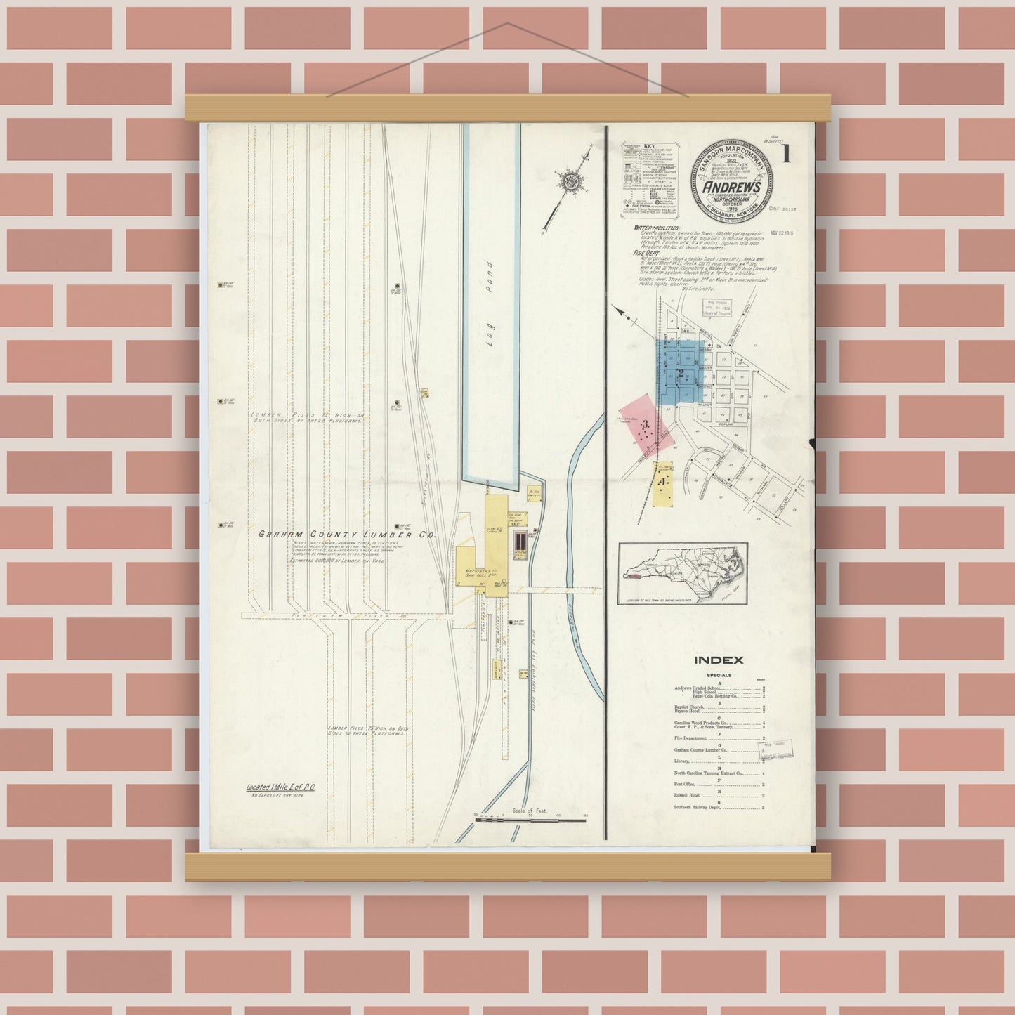 Old map wall art mockup — magnetic wood frame on brick wall — Sanborn Fire Insurance Map from Andrews, Cherokee County, North Carolina (1916), Sheet #0001